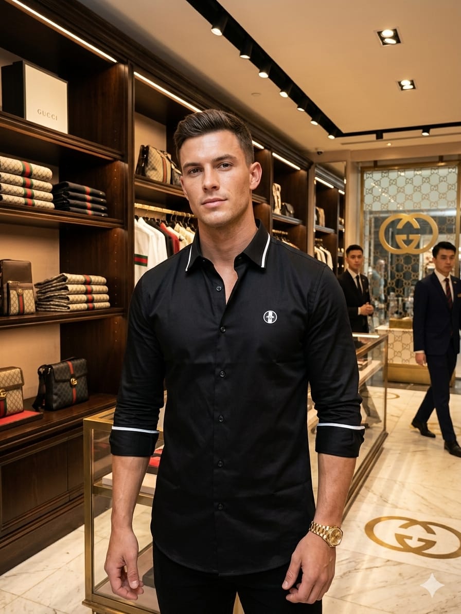 Premium Gucci black full sleeve cotton shirt for men with branded packaging
