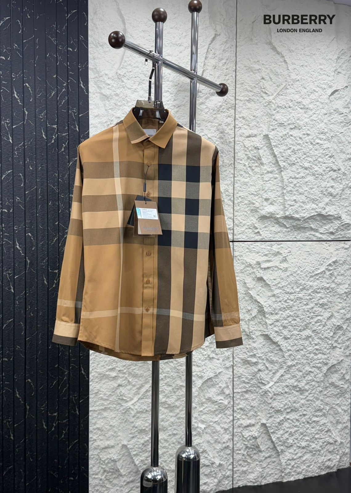 Burberry men's beige premium cotton regular fit shirt with branded buttons