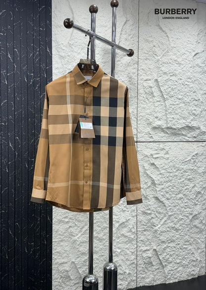 Burberry men's beige premium cotton regular fit shirt with branded buttons
