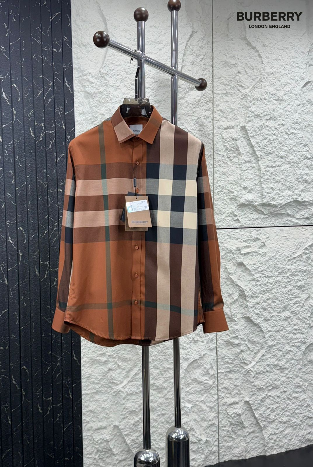 Burberry men's brown premium cotton regular fit shirt with branded buttons