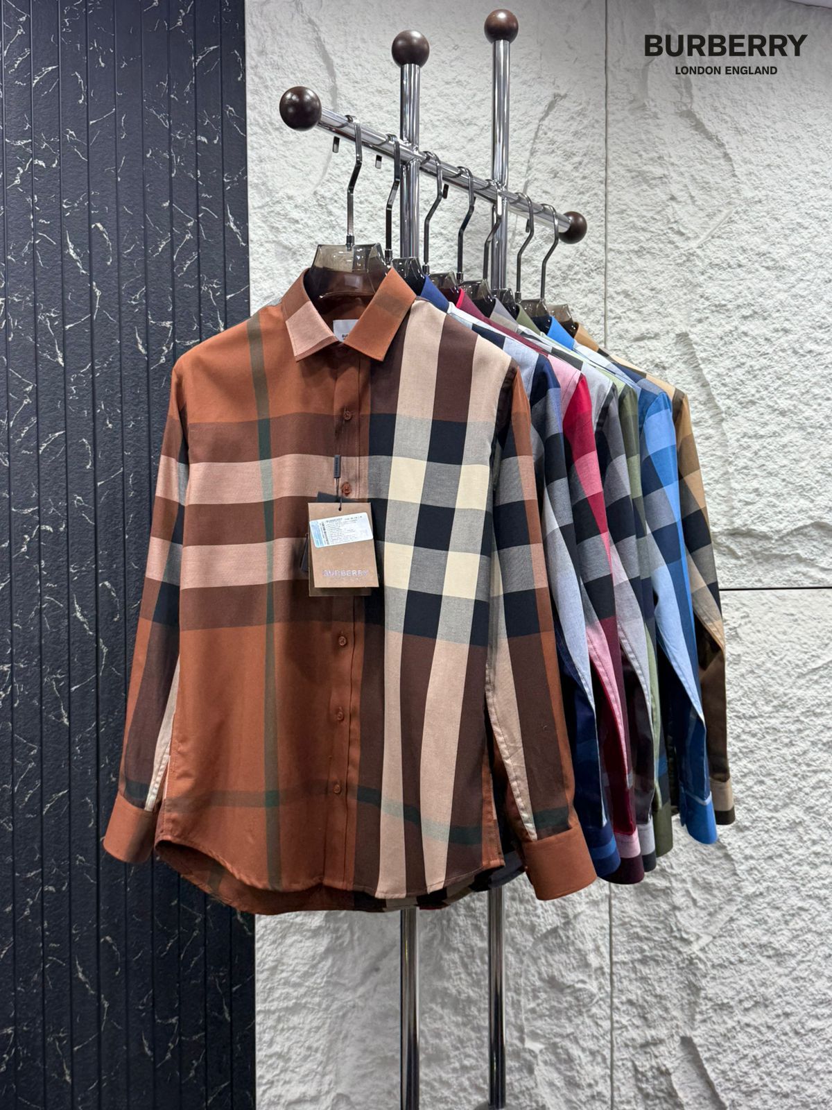 Burberry Store Article premium 100% cotton regular fit shirts available in brown, beige, navy blue, green, red, blue, pink, and grey with branded buttons and original packaging.