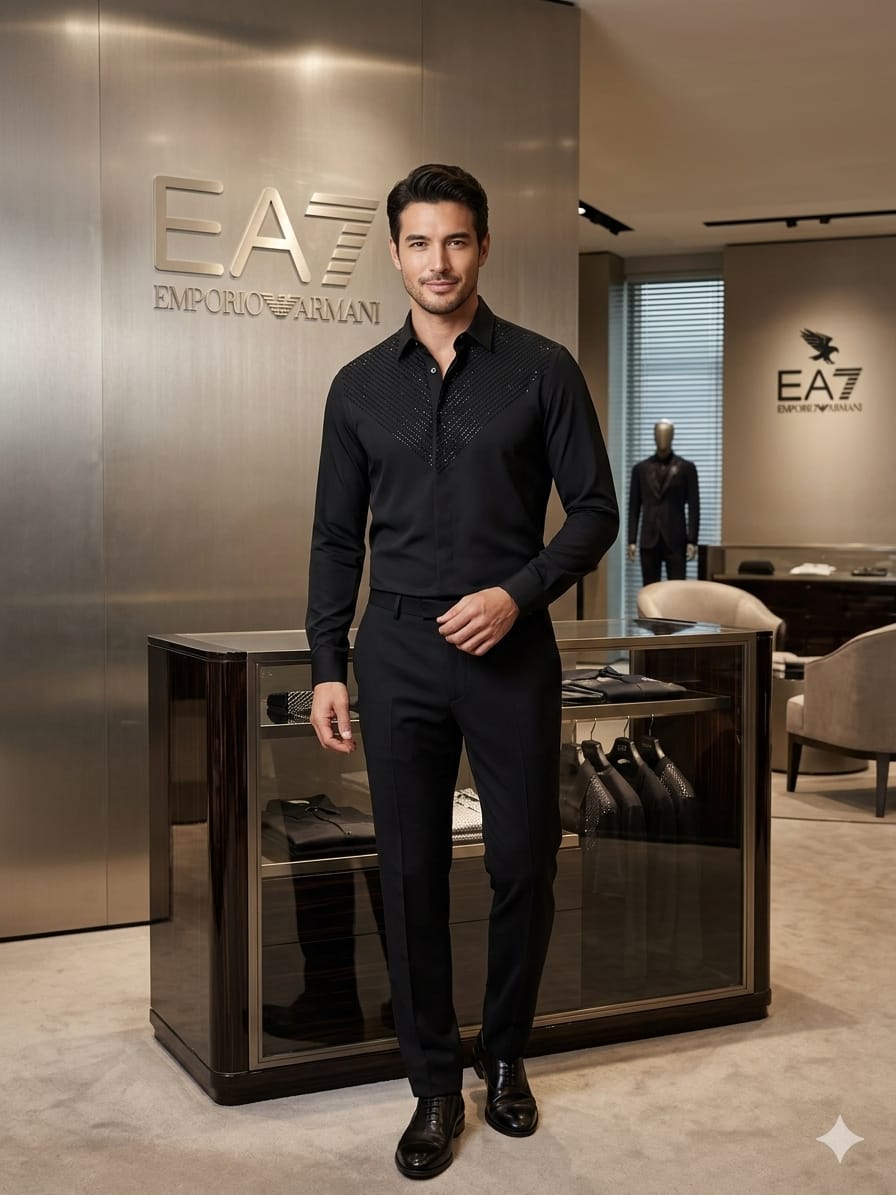 Emporio Armani men's black premium Japanese fabric regular fit shirt with Italian stone work
