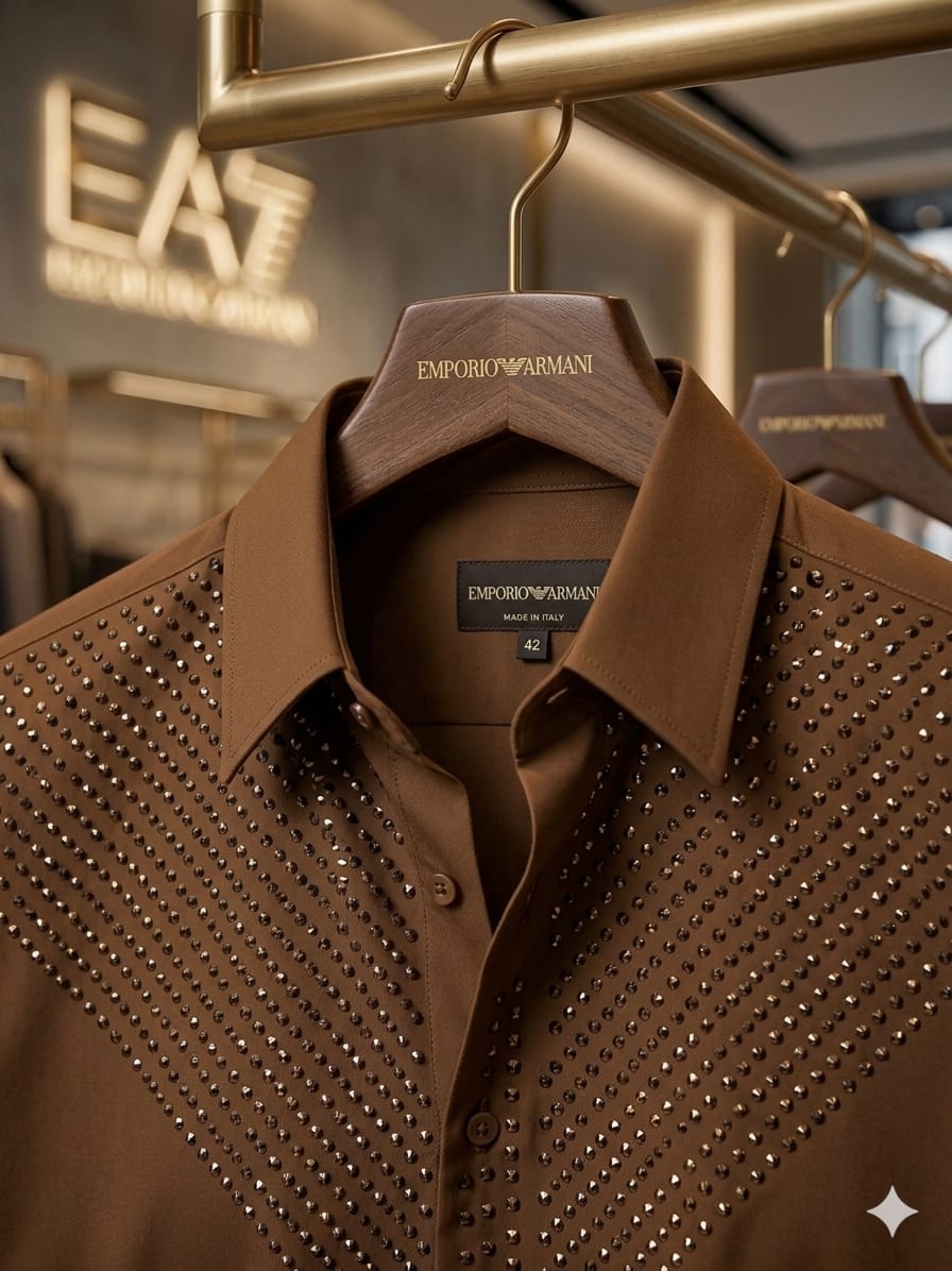 Emporio Armani men's brown premium Japanese fabric regular fit shirt with Italian stone work
