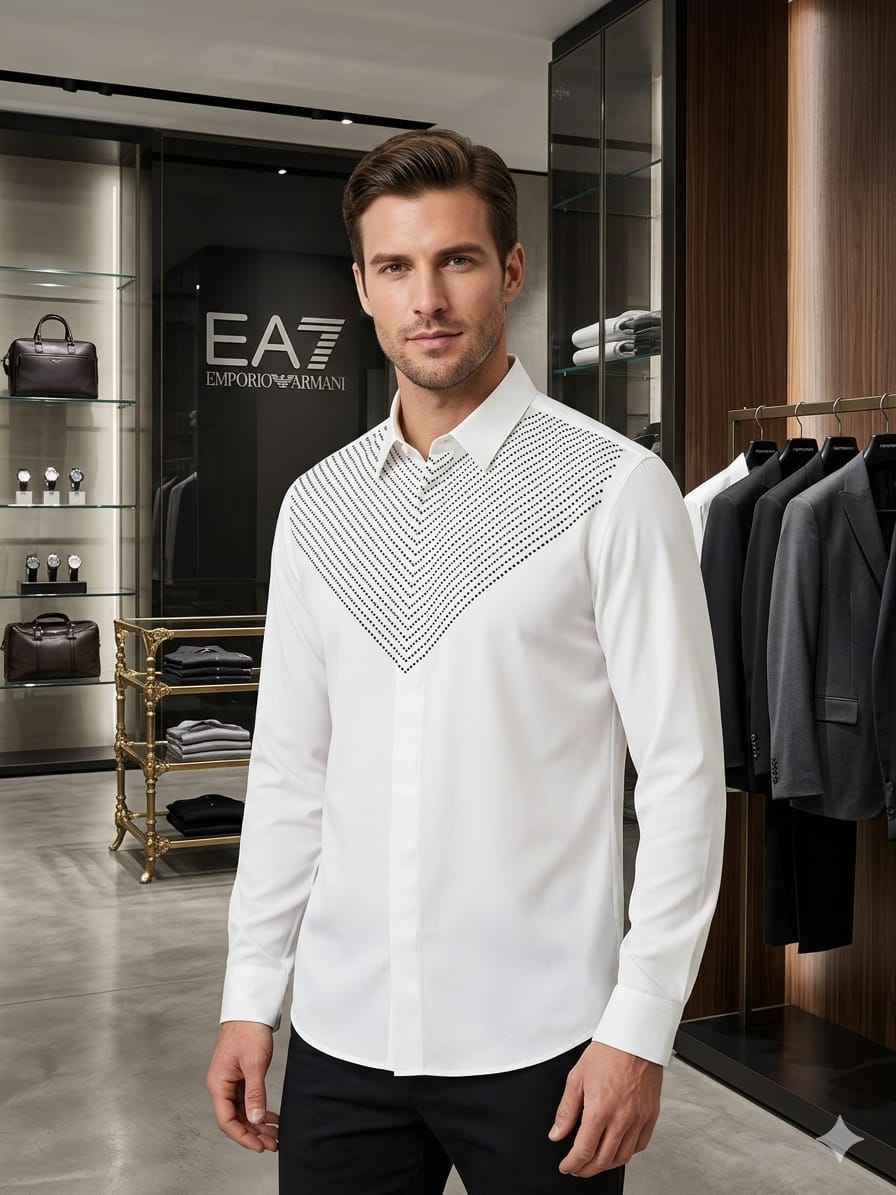 White Emporio Armani premium full sleeve shirt with Italian stone work