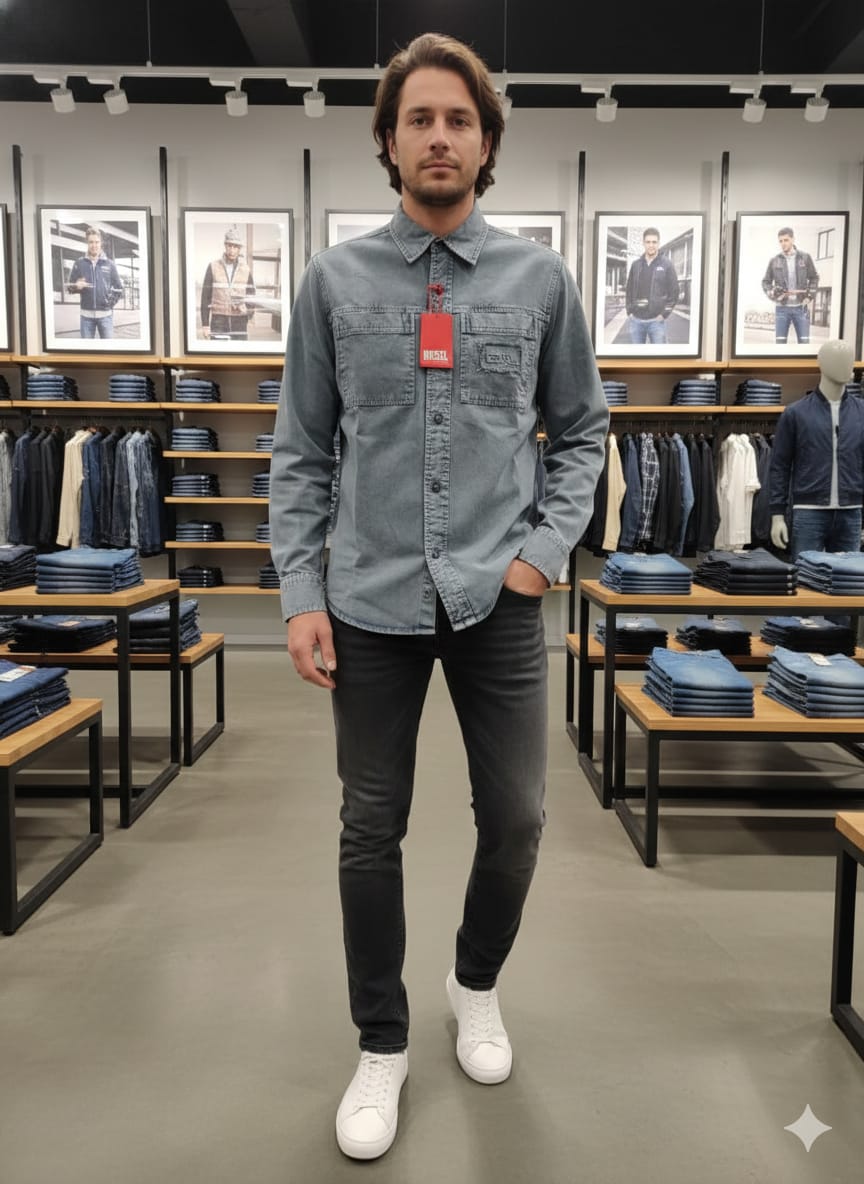 Diesel sky blue designer double pocket shirt for smart casual wear

