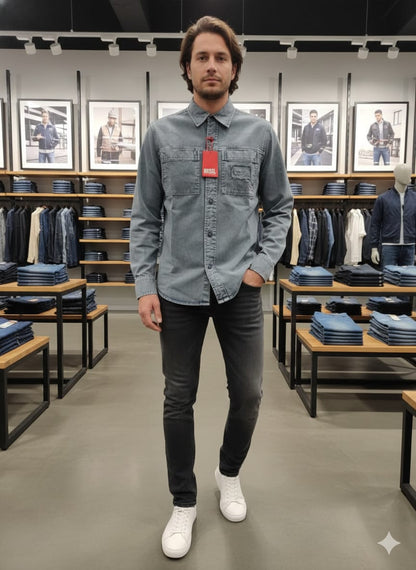 Diesel sky blue designer double pocket shirt for smart casual wear
