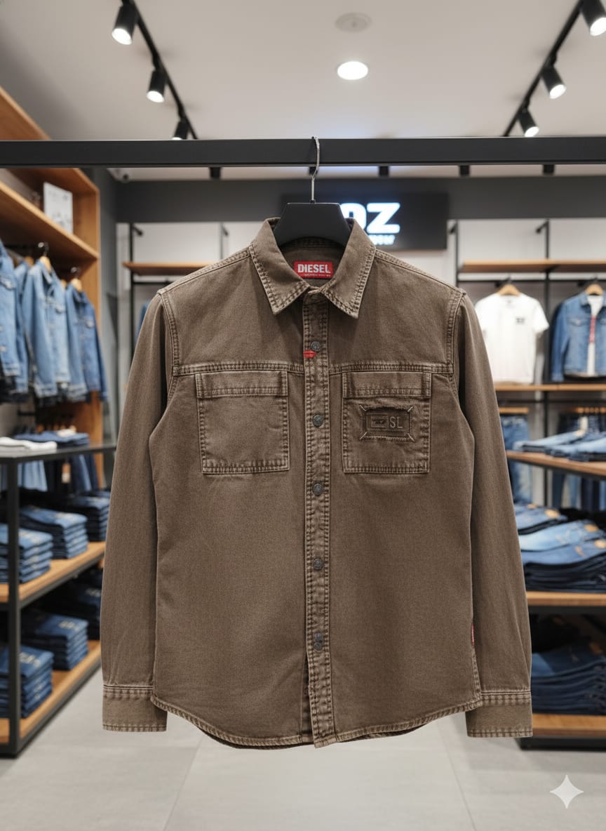 Diesel men's dark beige premium RFD regular fit double pocket shirt
