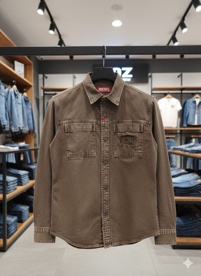 Diesel men's dark beige premium RFD regular fit double pocket shirt
