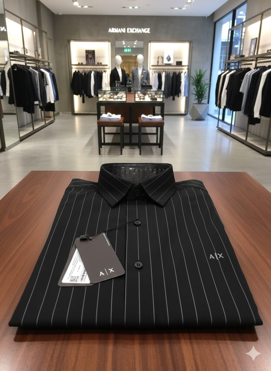 Premium Armani black stretch regular fit shirt with branded embossed buttons

