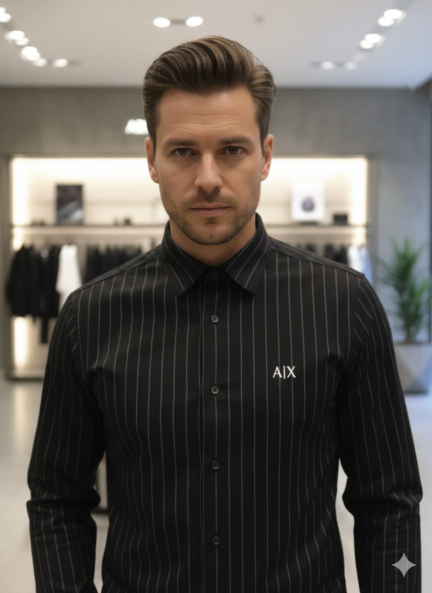 Luxury Armani black regular fit shirt with premium 4-way stretch fabric