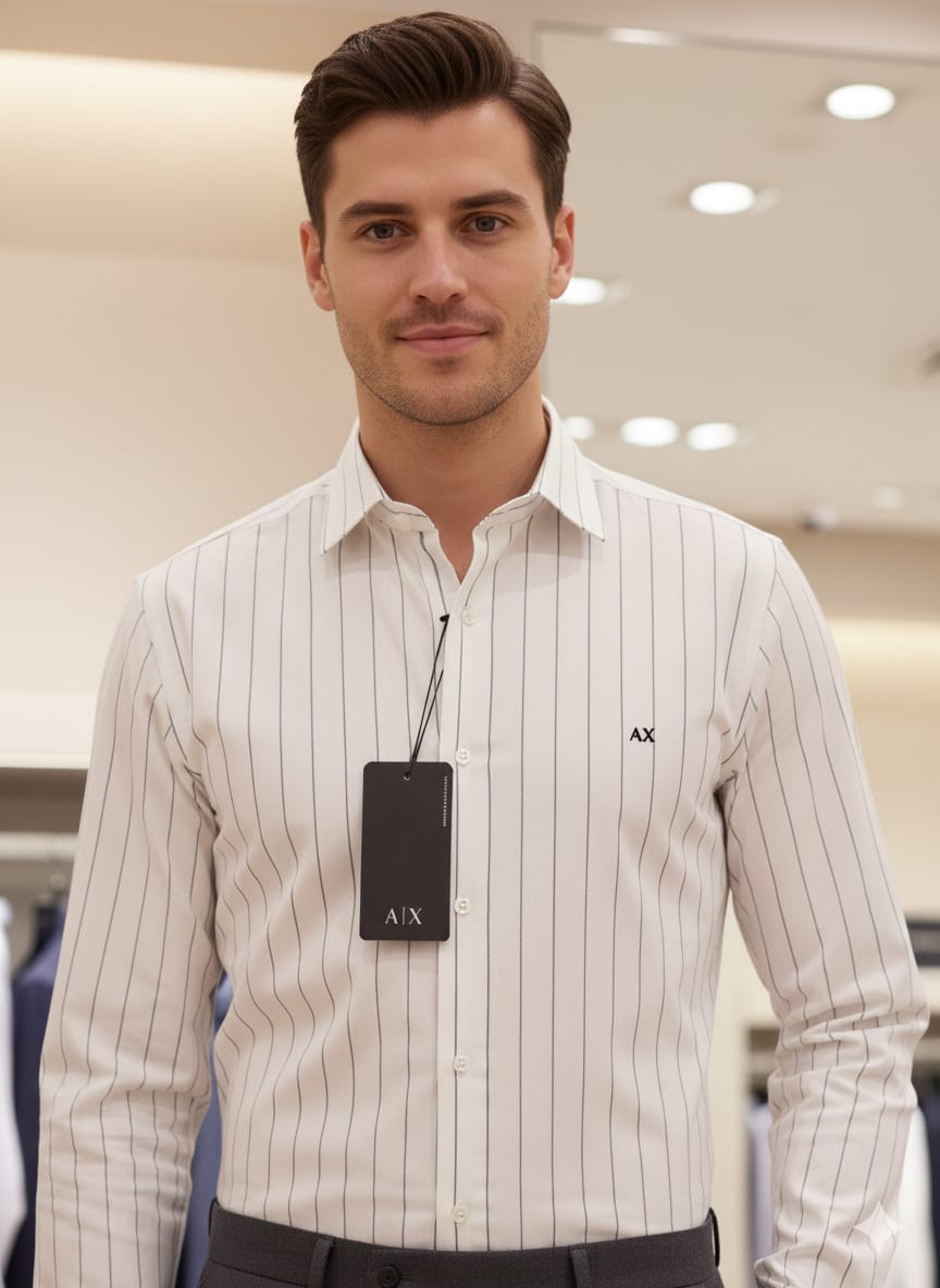 Armani men's white Korean 4-way lycra regular fit shirt with embroidered logo
