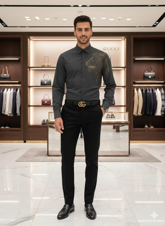 Gucci men's grey premium Japanese fabric regular fit shirt with hand Swarovski work
