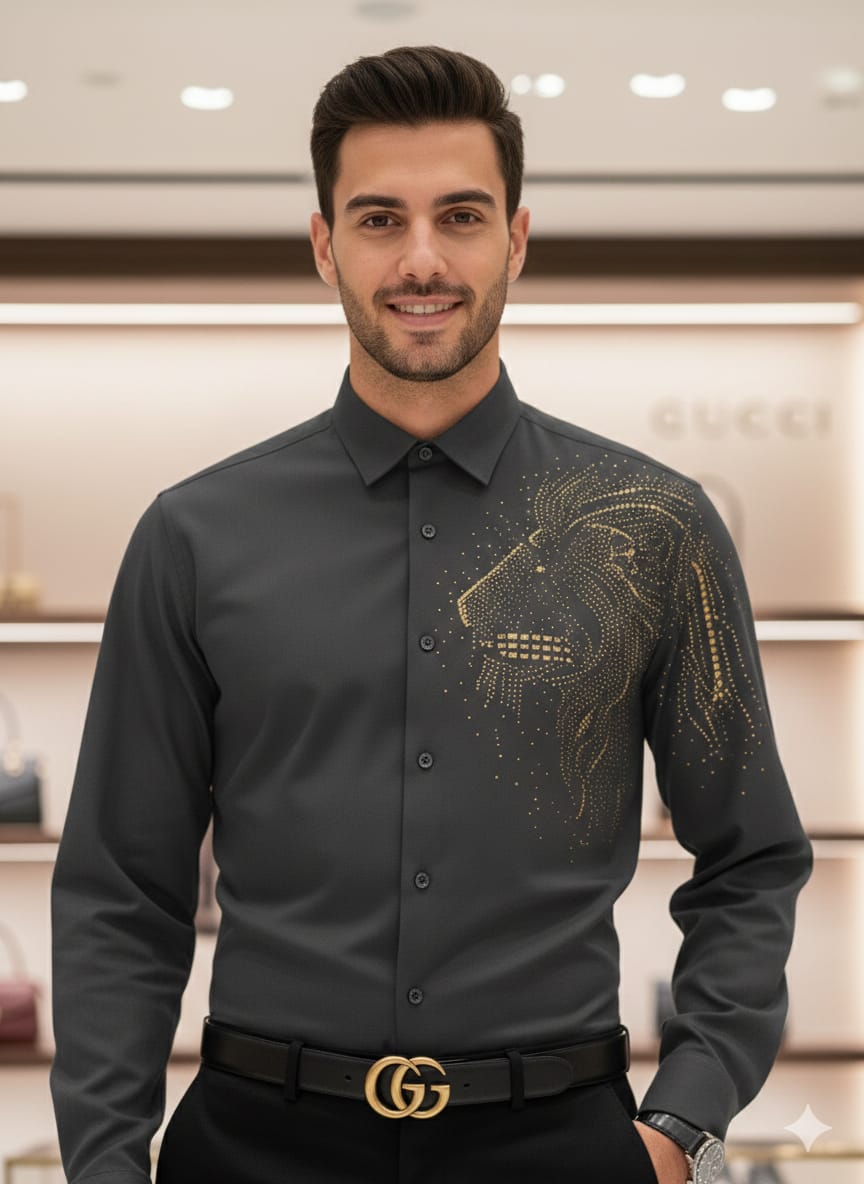 Premium Gucci grey full sleeve Japanese fabric shirt with hand Swarovski embellishments and original accessories
