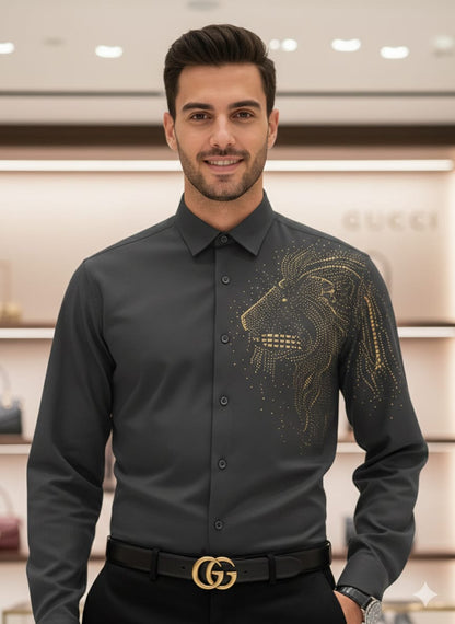 Premium Gucci grey full sleeve Japanese fabric shirt with hand Swarovski embellishments and original accessories
