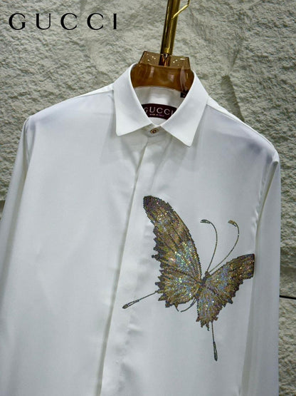 Premium Gucci white designer shirt with Japanese fabric and stone detailing
