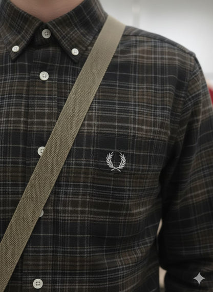 Fred Perry men's grey premium cotton twill regular fit shirt with embroidered logo
