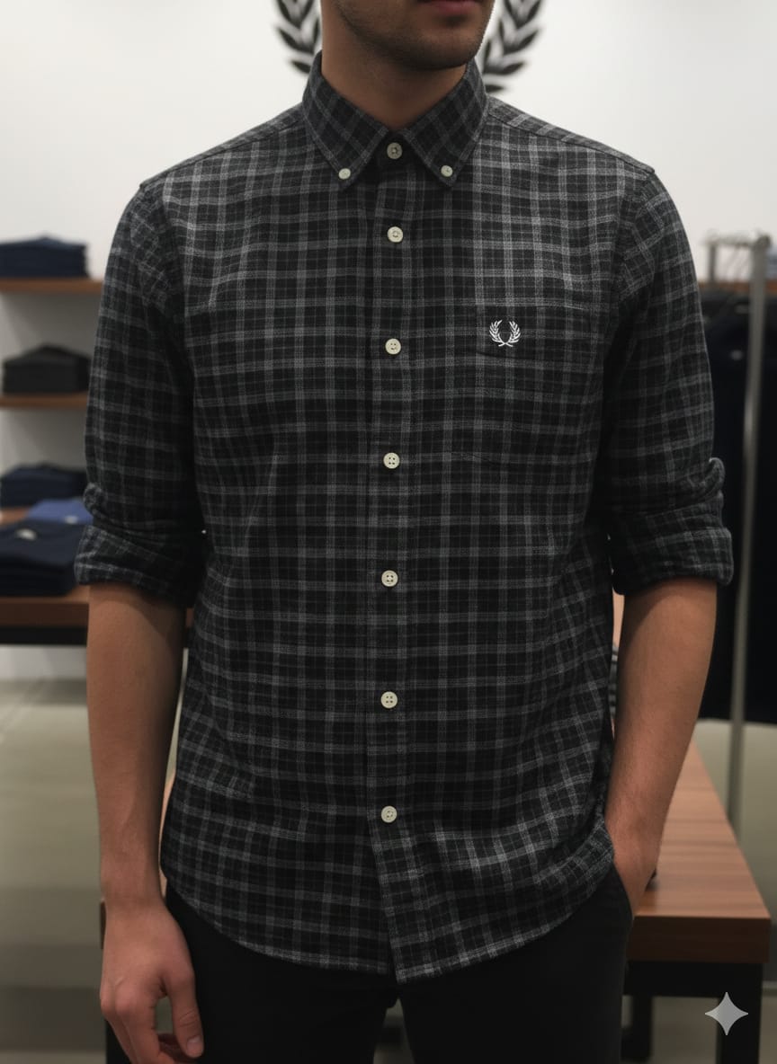 Luxury Fred Perry black regular fit cotton twill shirt with front embroidered logo