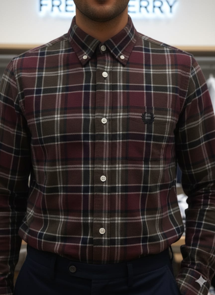 Fred Perry men's wine premium cotton twill regular fit shirt with embroidered logo
