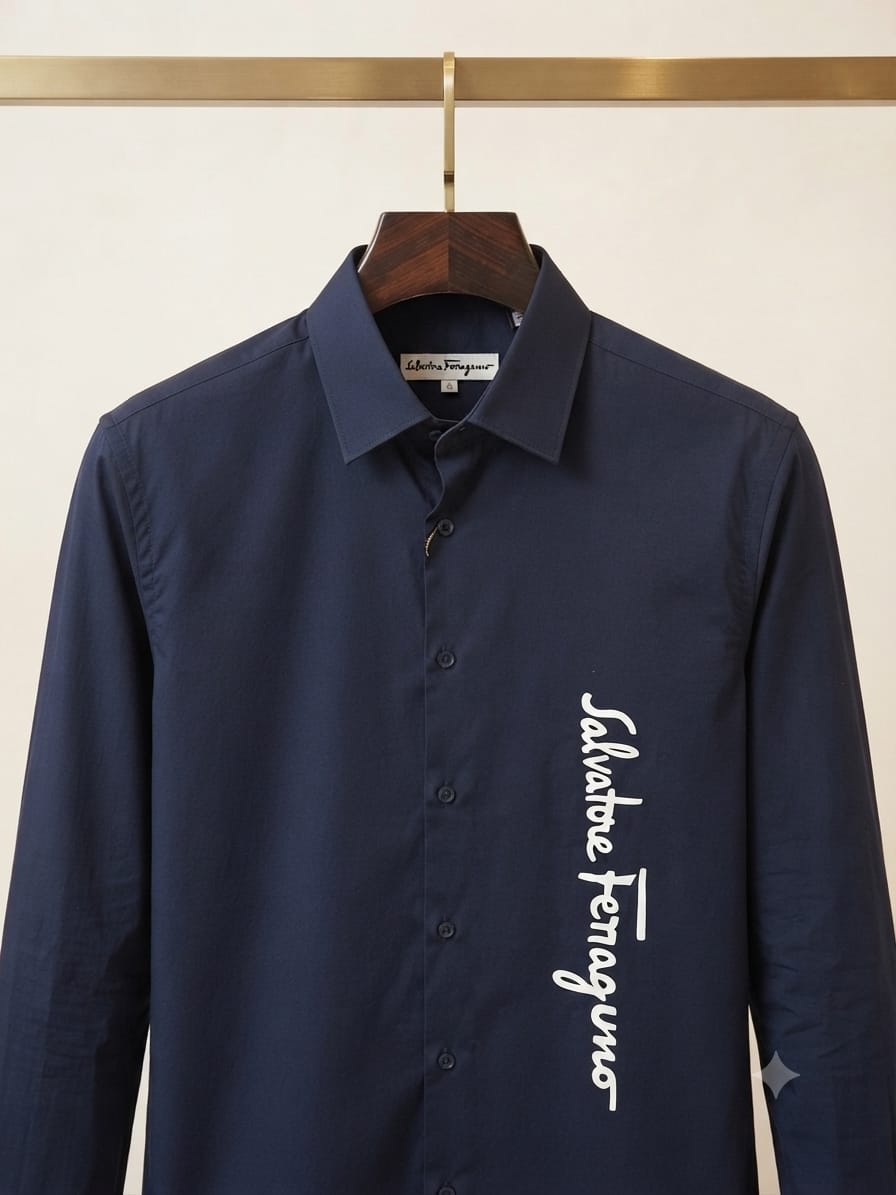 Salvatore Ferragamo men's navy premium Crush cotton regular fit shirt
