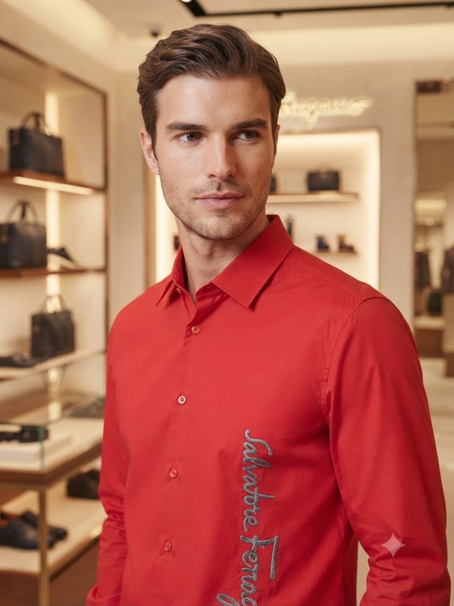 Luxury Salvatore Ferragamo red Crush cotton shirt with premium finishing
