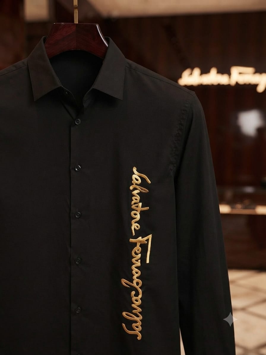 Premium Salvatore Ferragamo black full sleeve Crush cotton shirt for men

