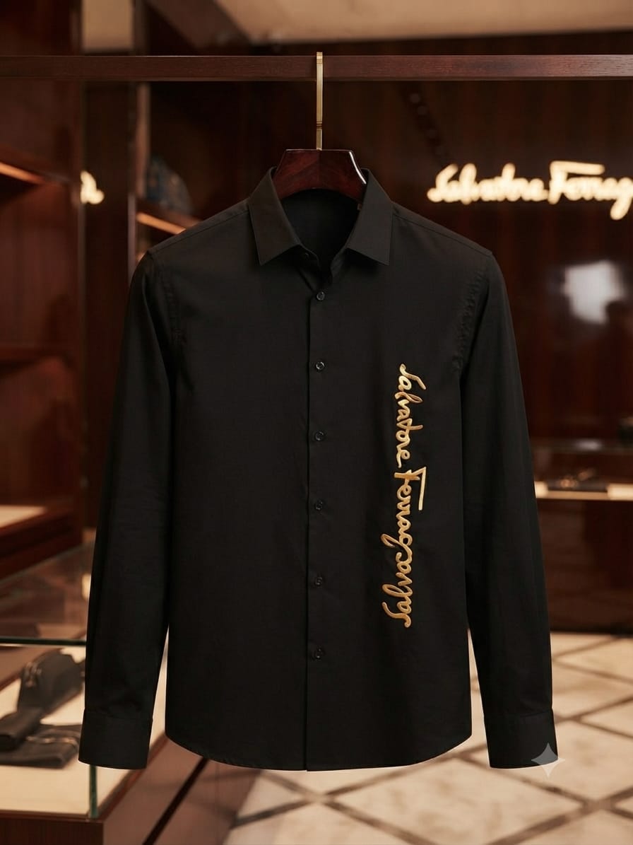 Luxury Salvatore Ferragamo black Crush cotton shirt with premium finishing
