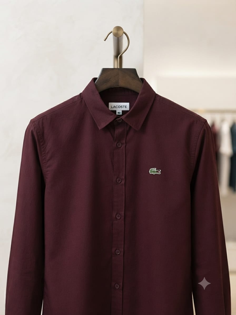 Lacoste men's wine premium cotton twill regular fit shirt with embroidered logo
