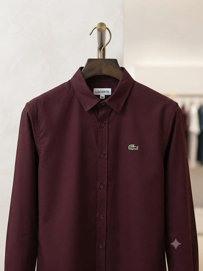 Lacoste men's wine premium cotton twill regular fit shirt with embroidered logo
