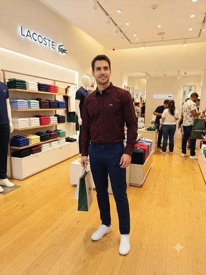 Luxury Lacoste wine regular fit cotton twill shirt with front embroidered logo