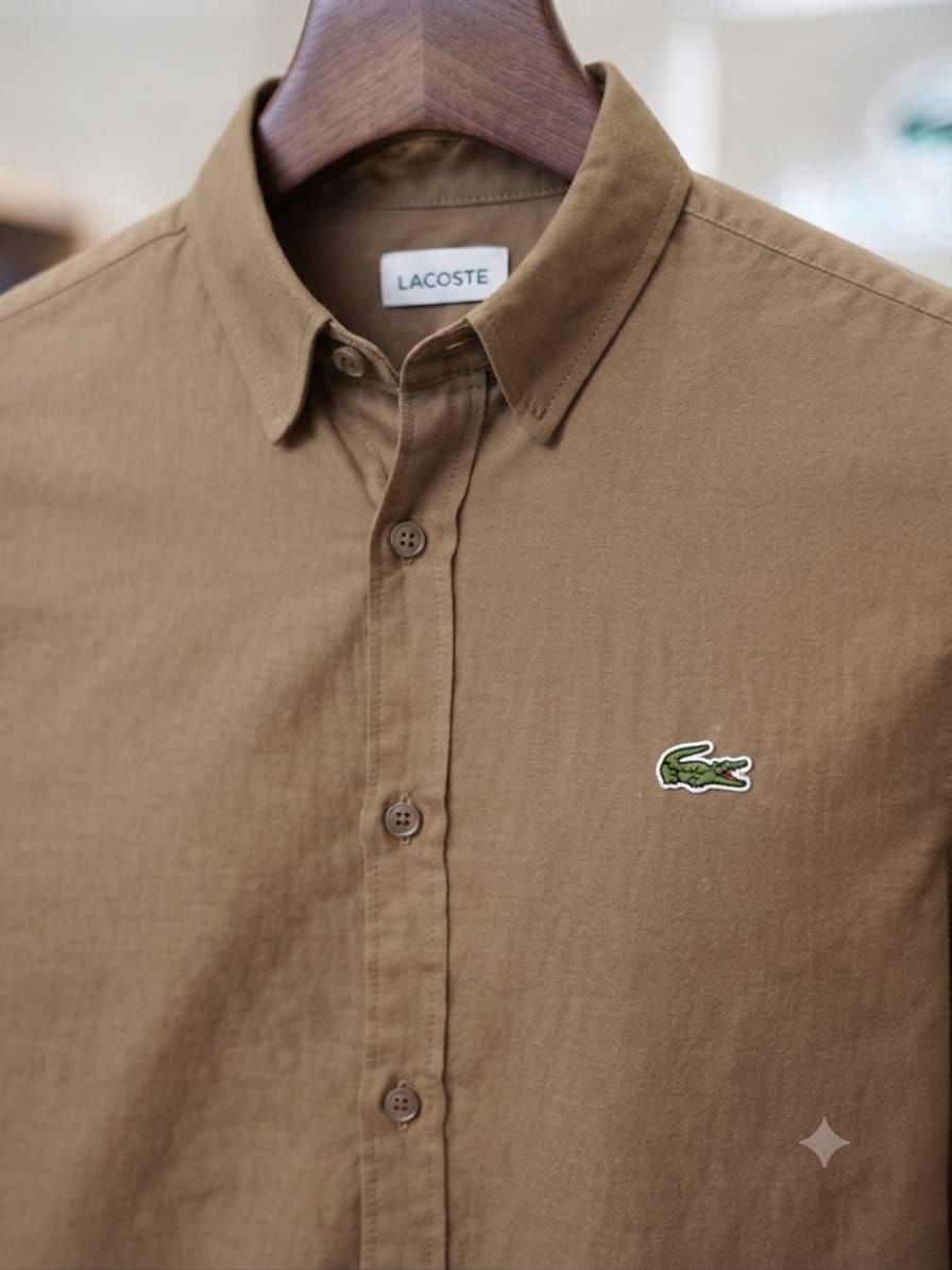 Lacoste men's brown premium cotton twill regular fit shirt with embroidered logo
