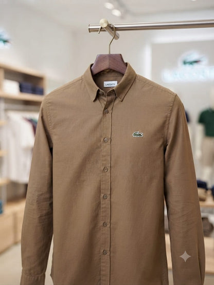 Lacoste brown designer cotton twill shirt for office wear and smart casual styling

