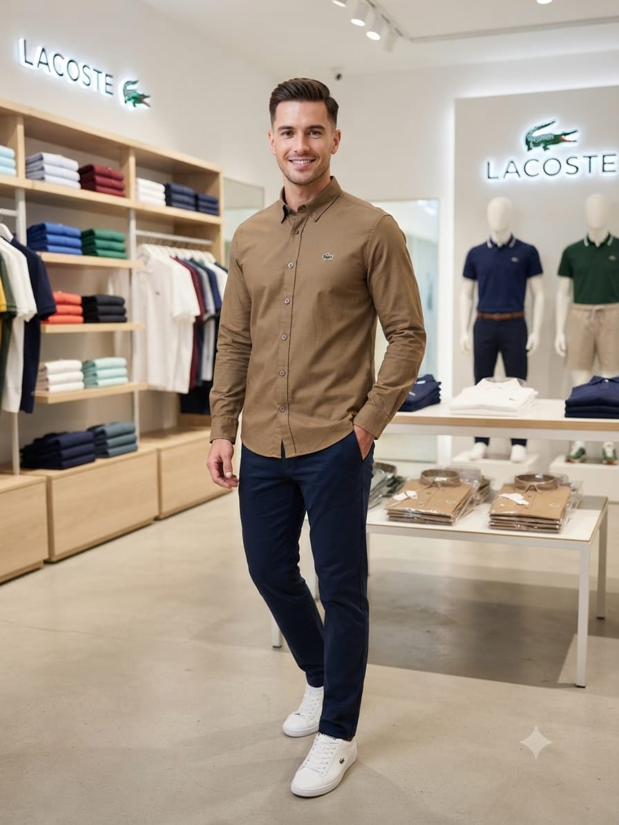 Luxury Lacoste brown regular fit cotton twill shirt with front embroidered logo