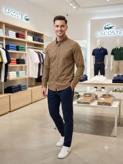 Luxury Lacoste brown regular fit cotton twill shirt with front embroidered logo