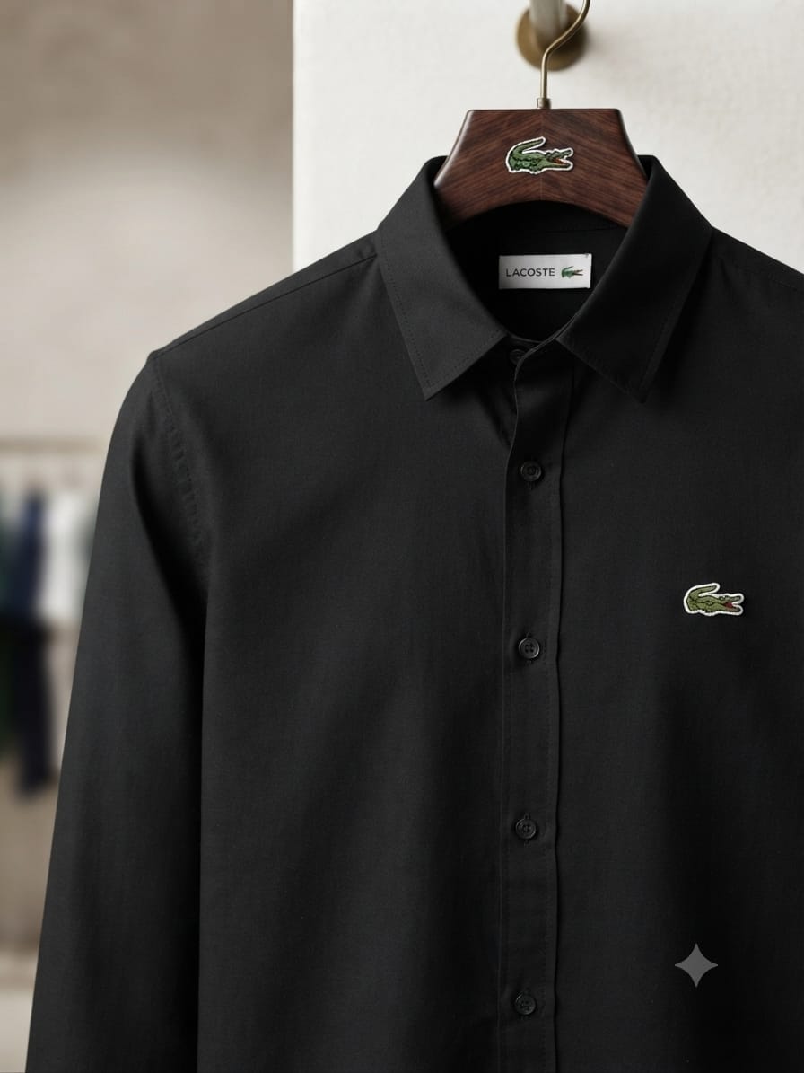 Luxury Lacoste black regular fit cotton twill shirt with front embroidered logo