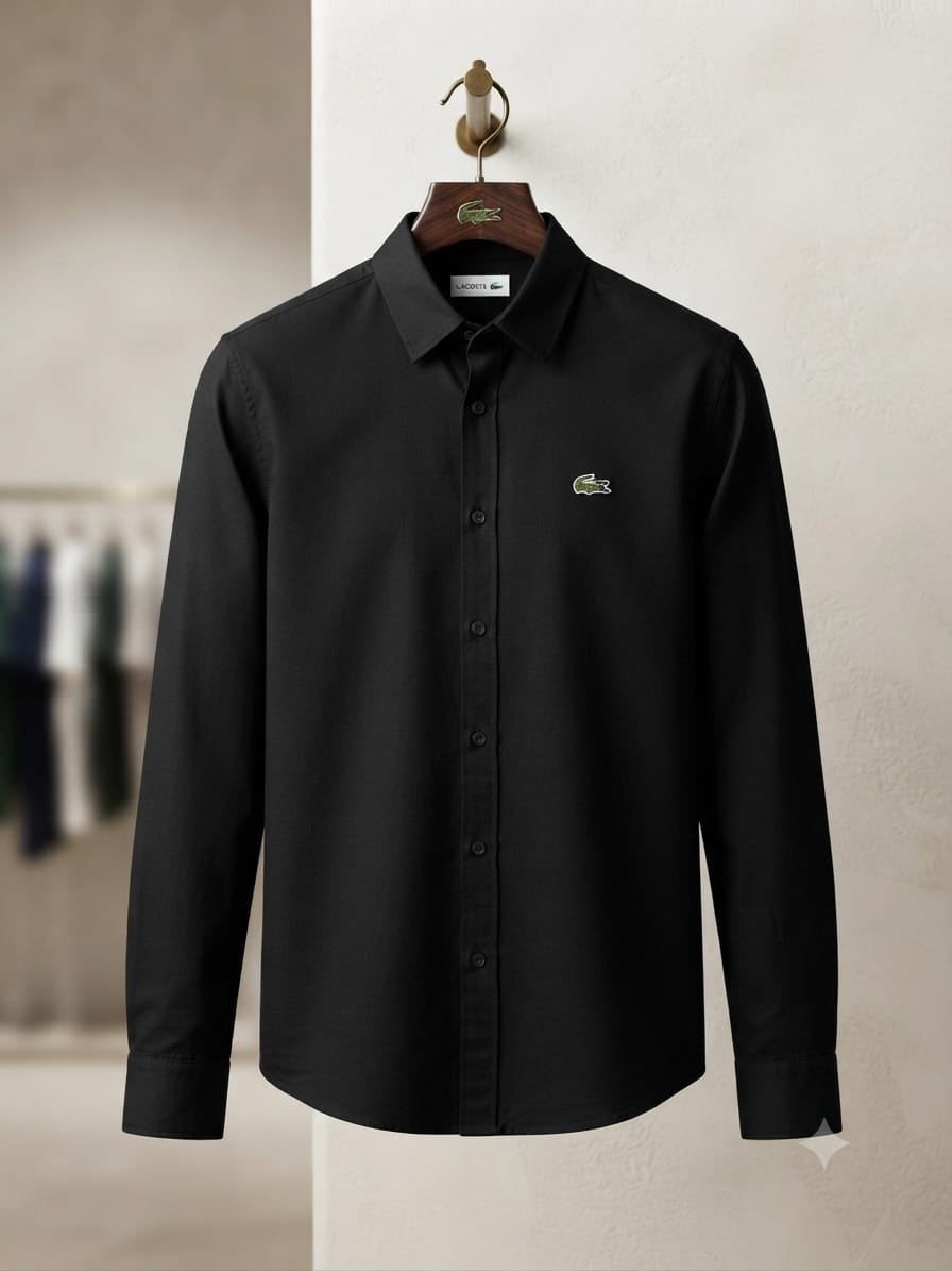 Lacoste men's black premium cotton twill regular fit shirt with embroidered logo
