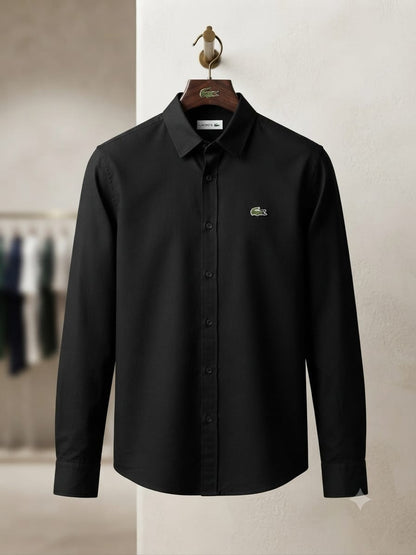 Lacoste men's black premium cotton twill regular fit shirt with embroidered logo
