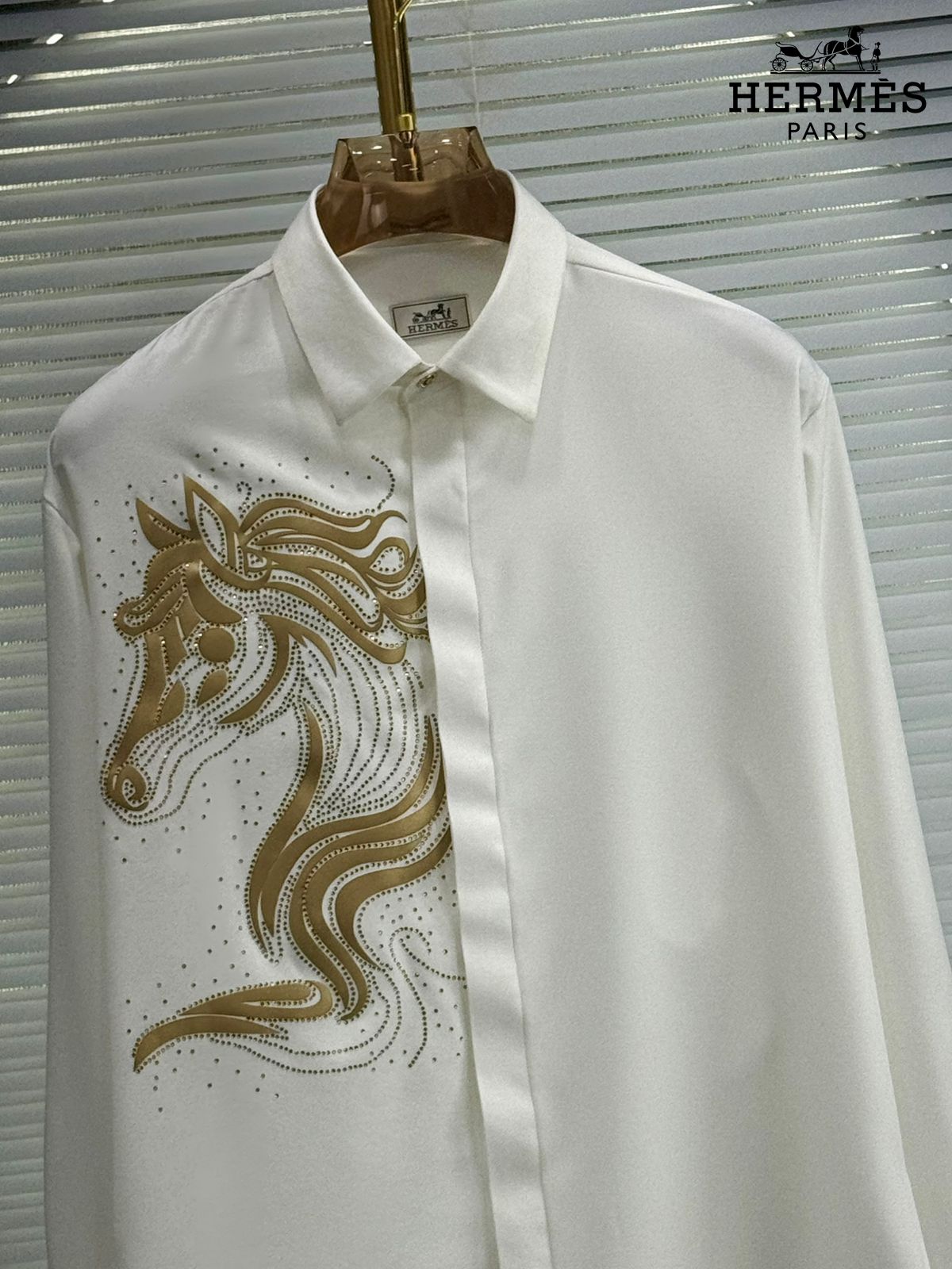 Premium Hermès white designer shirt with Japanese fabric and Swarovski detailing
