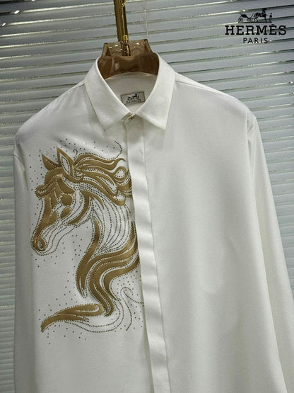 Premium Hermès white designer shirt with Japanese fabric and Swarovski detailing
