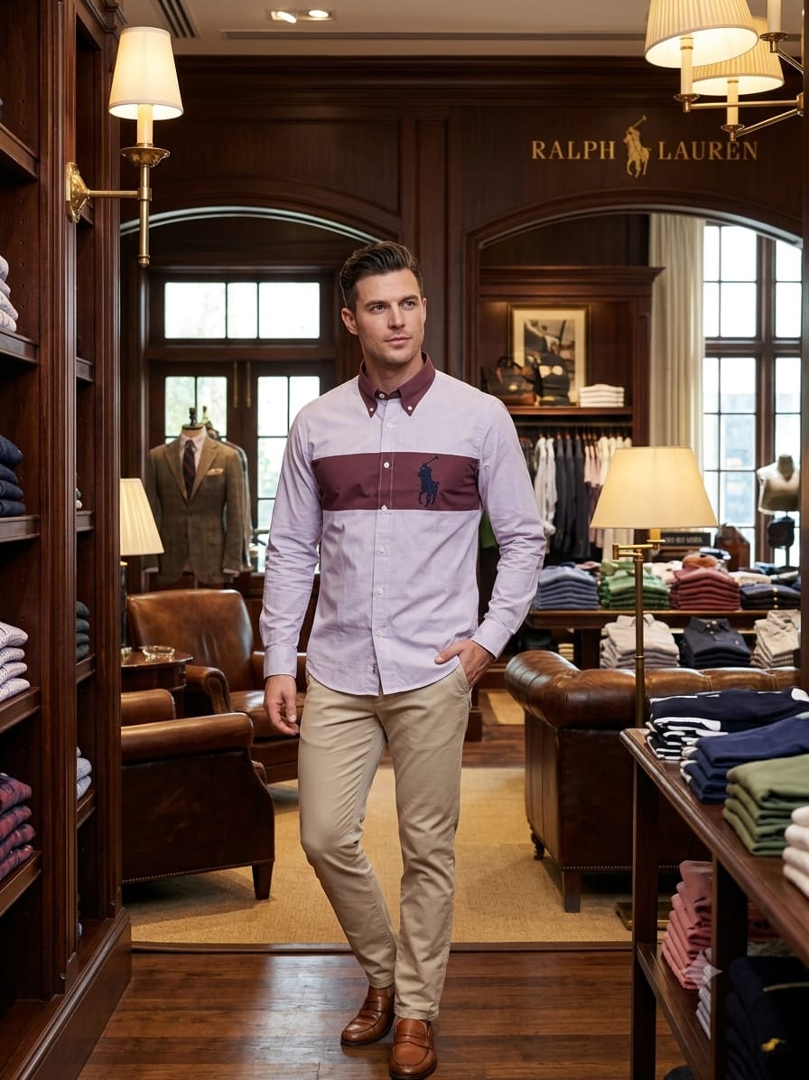 Ralph Lauren men's pink premium cotton twill regular fit shirt with embroidered logo
