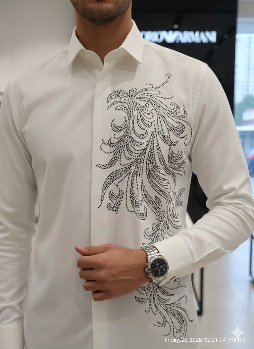 Armani men's white Japanese fabric regular fit shirt with imported stone work
