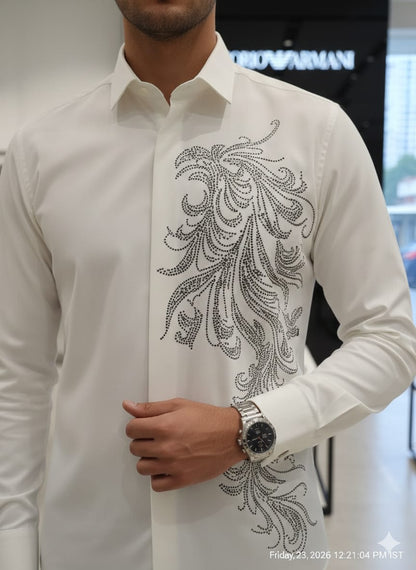 Armani men's white Japanese fabric regular fit shirt with imported stone work

