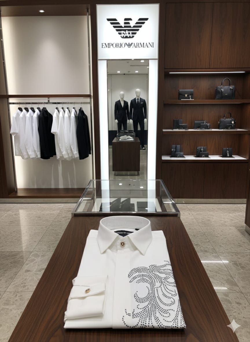 White Armani premium full sleeve Japanese fabric shirt with imported stone work and original accessories