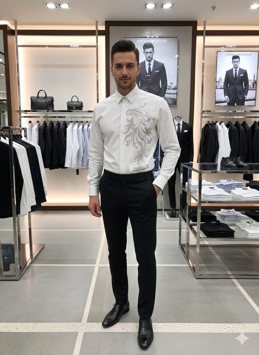 Premium Armani white designer shirt crafted from Japanese fabric with stone detailing