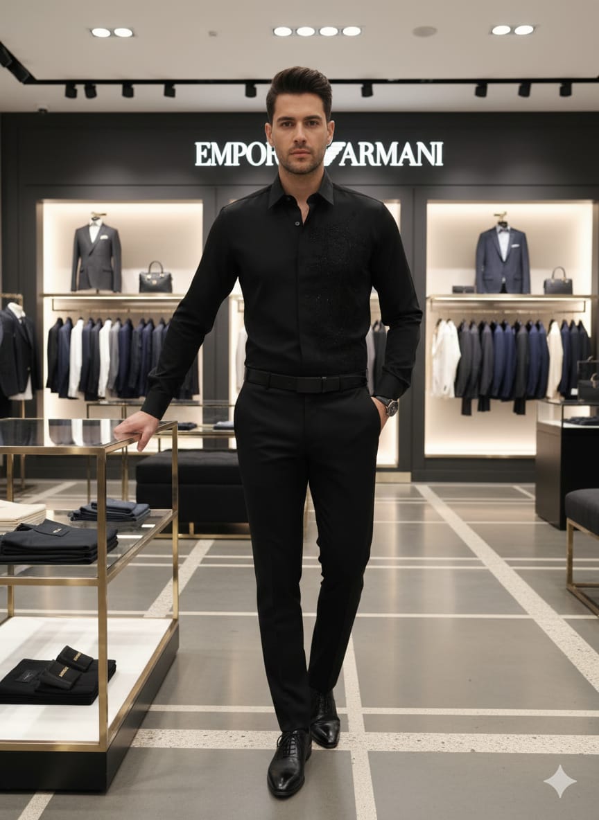 Premium Armani black designer shirt crafted from Japanese fabric with stone detailing