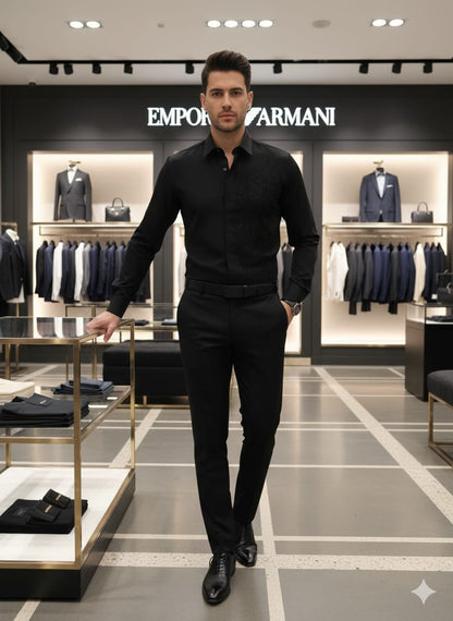 Premium Armani black designer shirt crafted from Japanese fabric with stone detailing