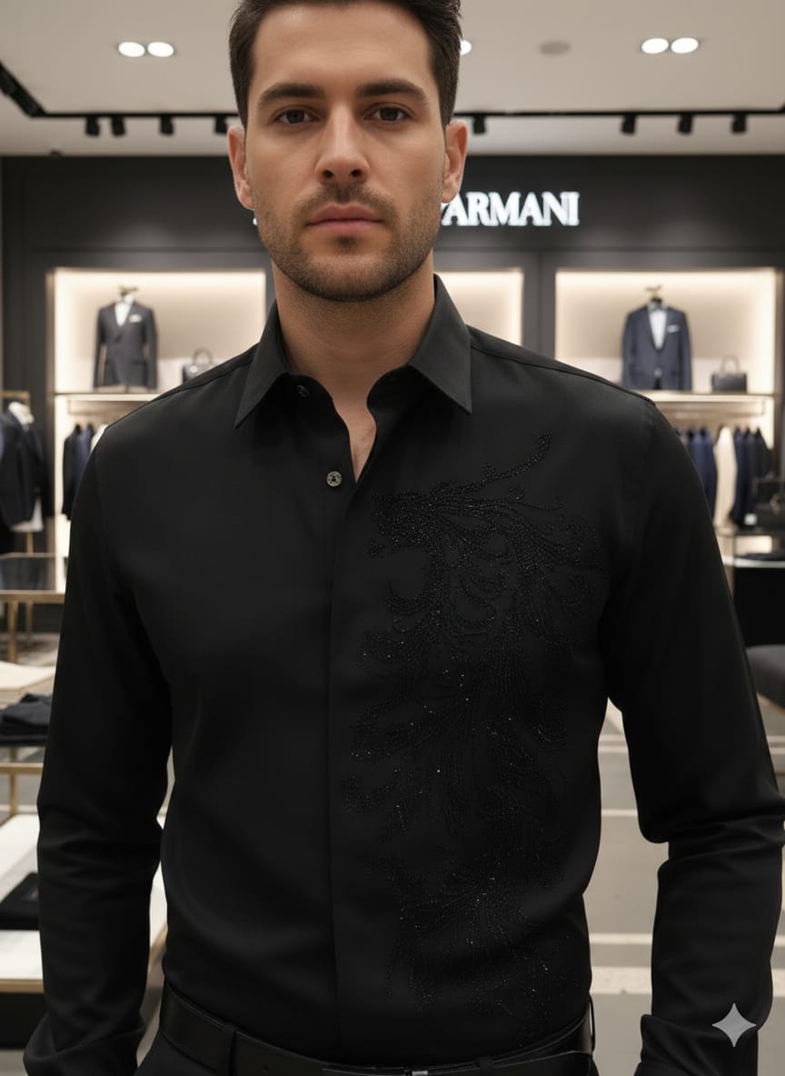 Armani men's black Japanese fabric regular fit shirt with imported stone work