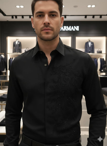 Armani men's black Japanese fabric regular fit shirt with imported stone work