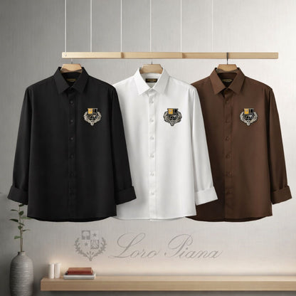 Loro Piana premium Japanese fabric regular fit shirts in navy, brown, and white