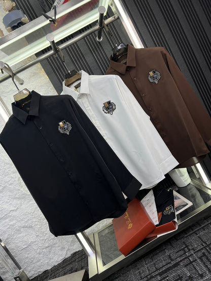 Loro Piana men's luxury designer shirts available in navy, brown, and white with imported LP ID work

