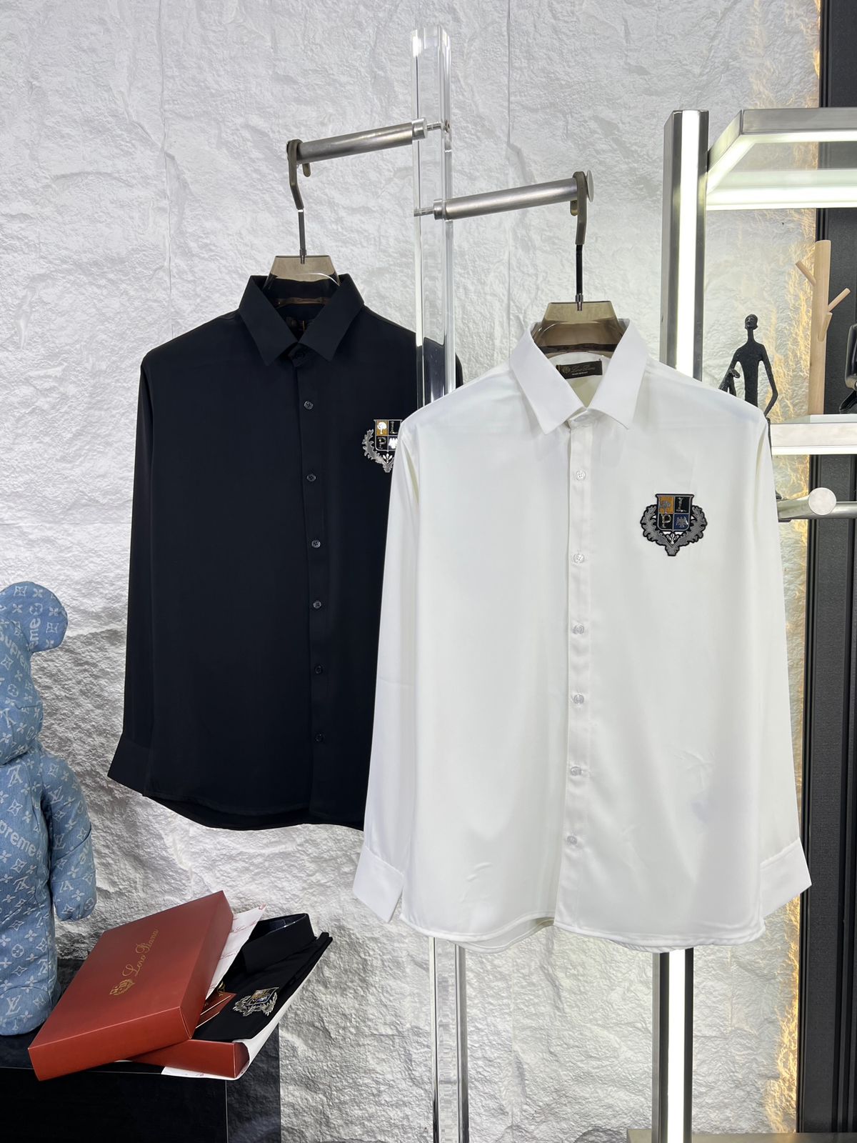 Loro Piana men's luxury shirts in white and navy with premium LP ID work